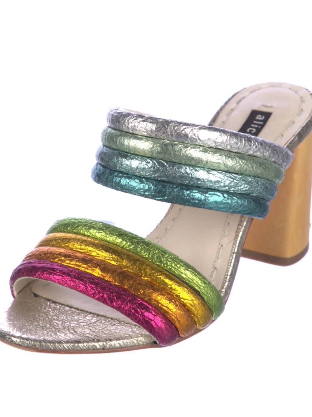 Alice + Olivia Metallic Rainbow Strap Block Heel Sandal